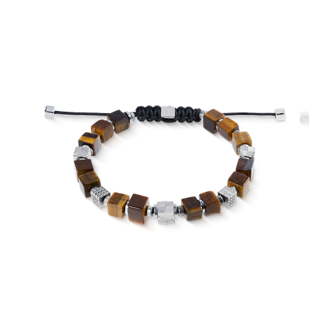 Tiger Eye Cubes Bracelet With Graphic Relief Stainless Steel Cubes And Adjustable Textile Closure
