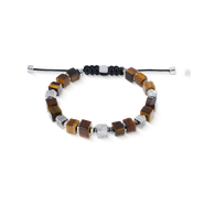 COEUR DE LION Tiger Eye Cubes Bracelet With Graphic Relief Stainless Steel Cubes And Adjustable Textile Closure