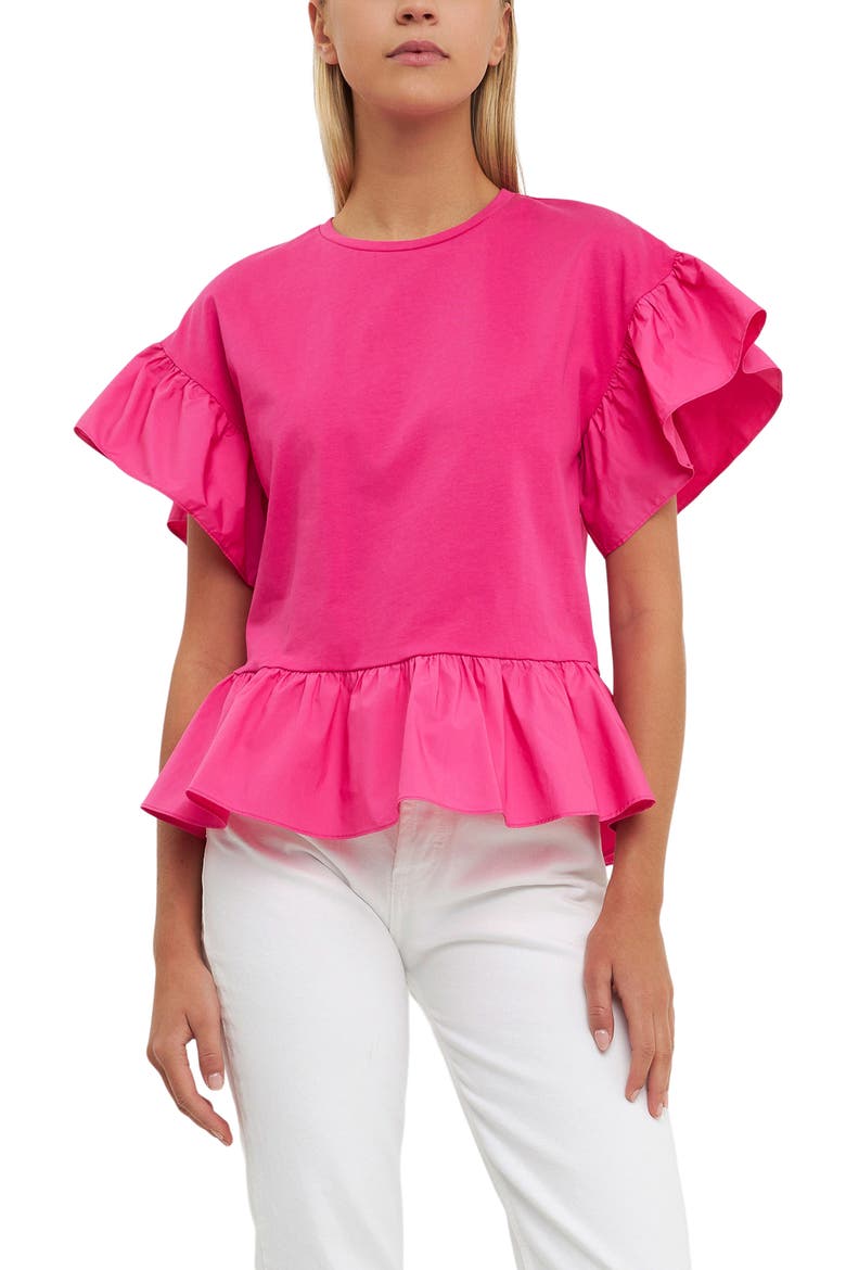 Mixed Media Flutter Sleeve Peplum Cotton Top, Alternate, color, FUCHSIA