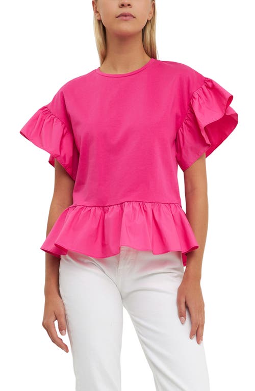 English Factory Mixed Media Flutter Sleeve Peplum Cotton Top In Fuchsia