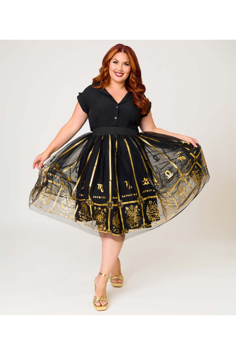 Plus Size Brilliance Swing Skirt, Main, color, Black Zodiac Sign Print