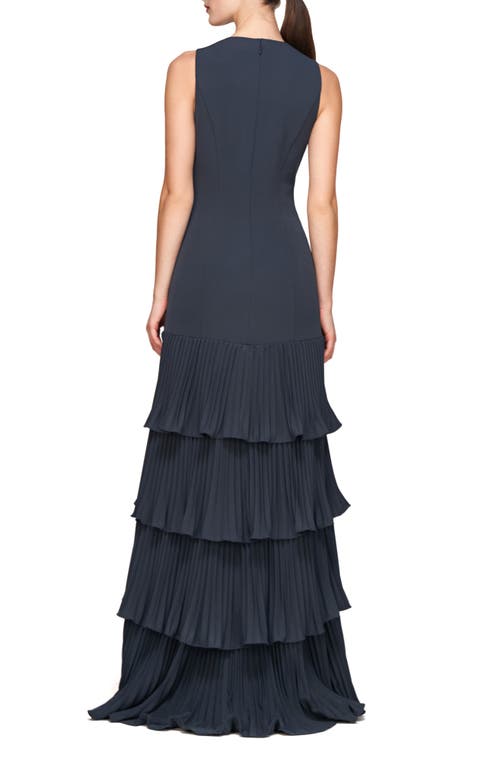 Kay Unger Angelique Pleated Tiered Sleeveless Gown In French Navy