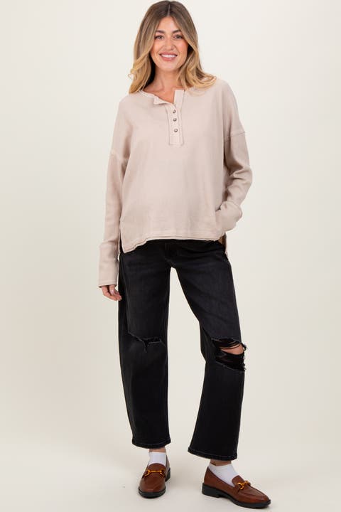 Distressed Open Knee Cropped Maternity Barrel Jeans