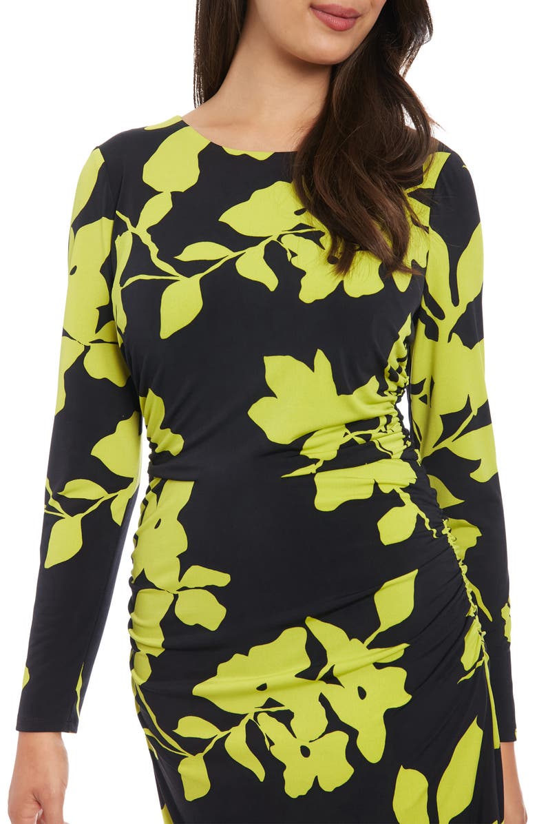London Times Floral Long Sleeve Side Ruched Jersey Midi Dress, Alternate, color,