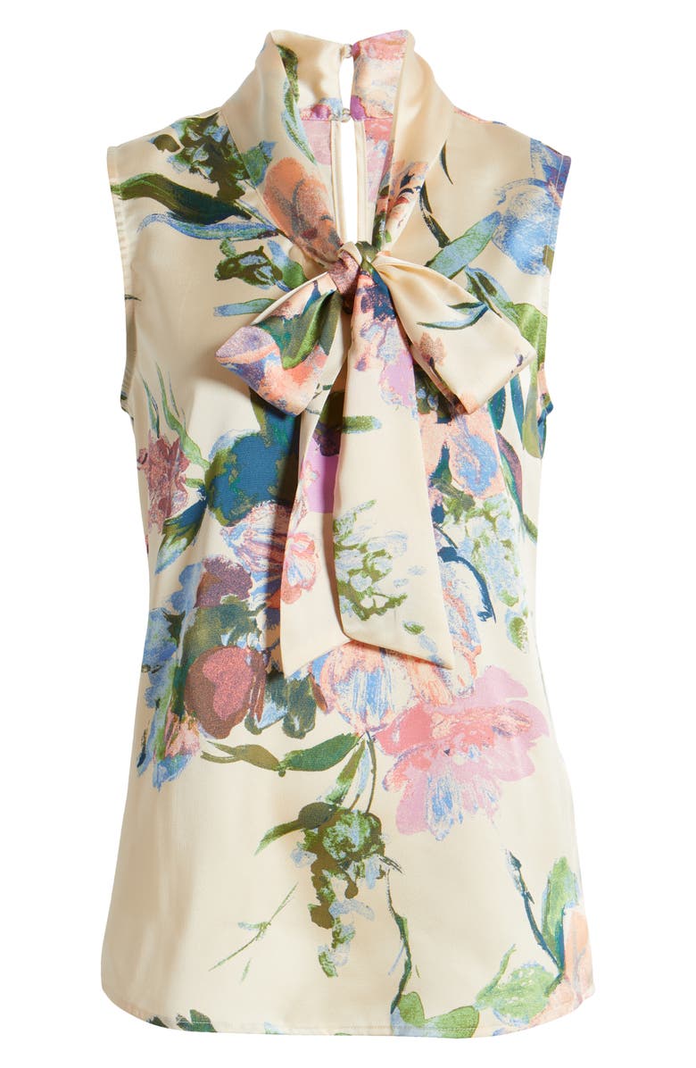 Tahari ASL Floral Bow Neck Sleeveless Charmeuse Top, Alternate, color, 