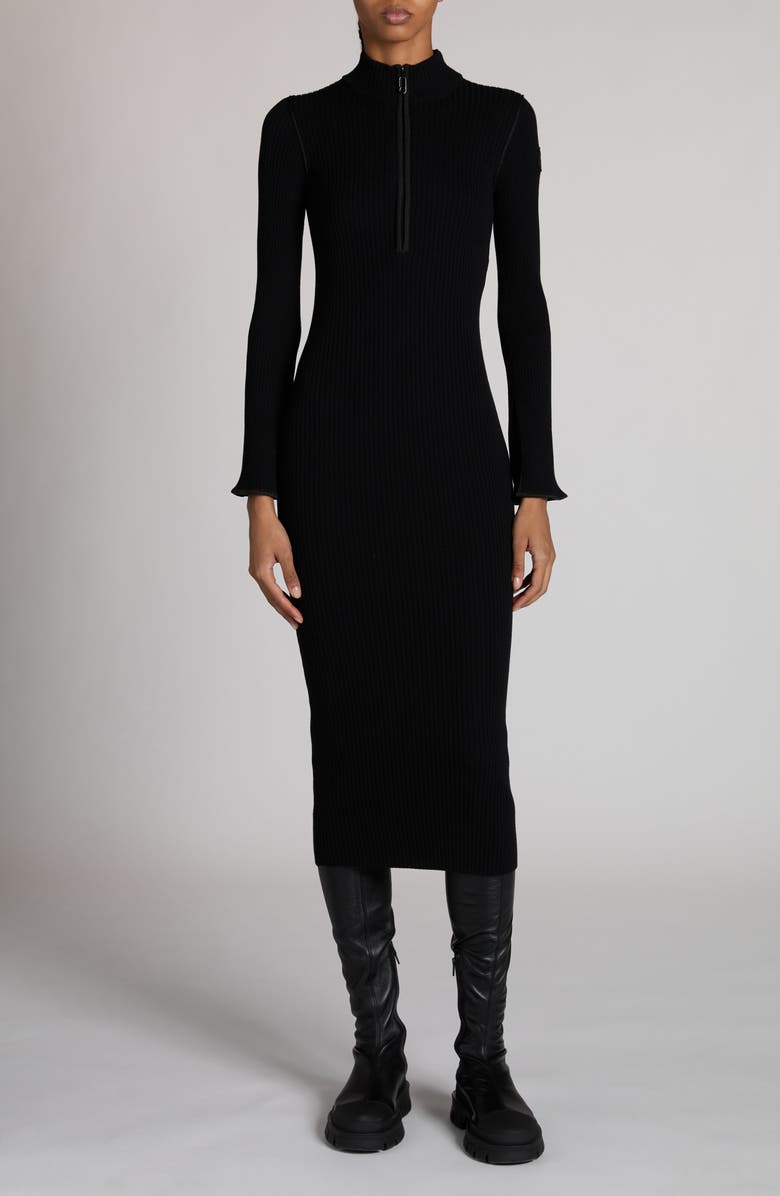 Moncler Rib Long Sleeve Quarter Zip Sweater Dress, Main, color, Black