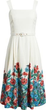 Tahari ASL Belted Border Print Sleeveless Midi Dress
