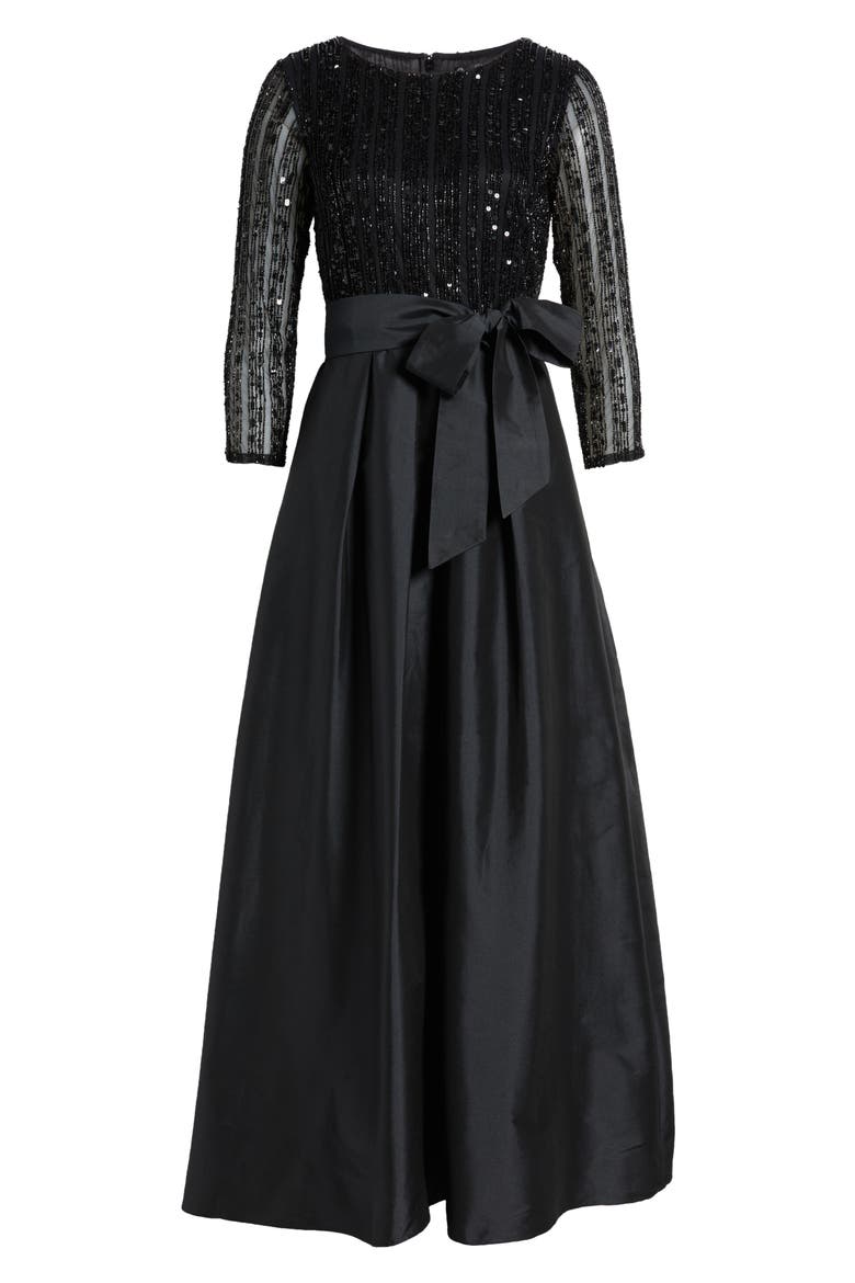 Bow Long Sleeve Sequin & Taffeta Gown, Alternate, color, BLACK