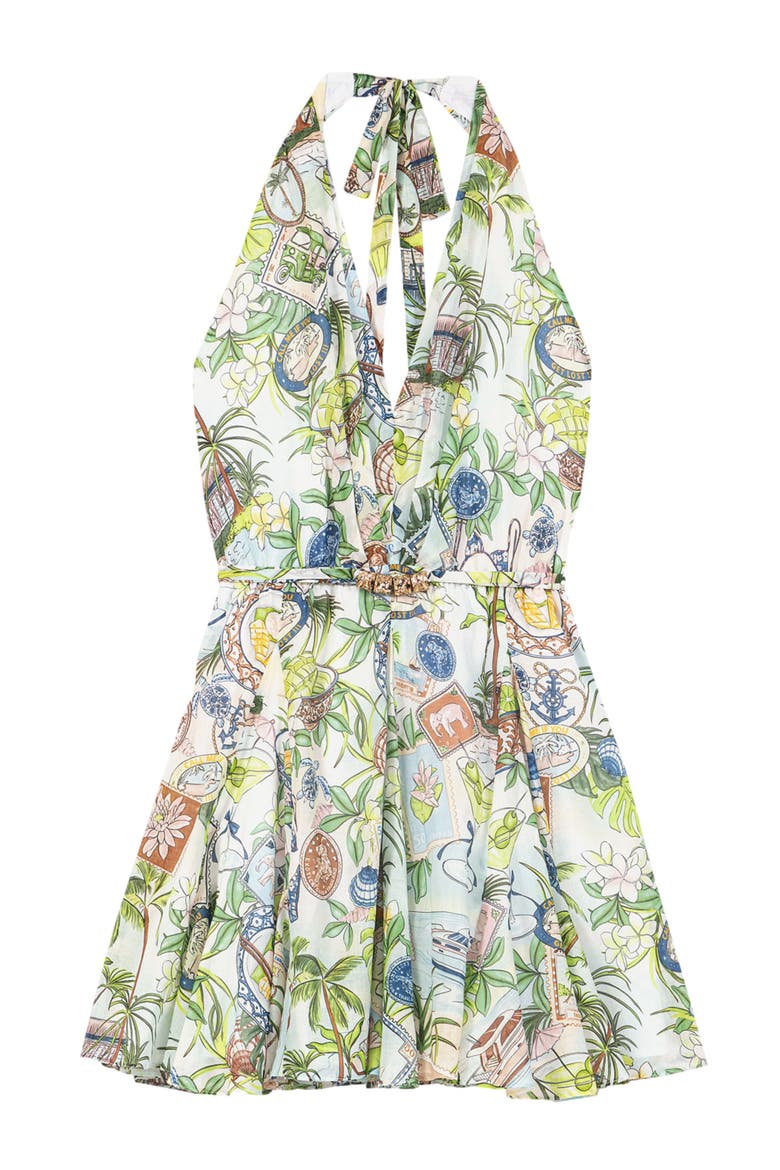 Short Patterned Backless Dress, Alternate, color, Postcard print