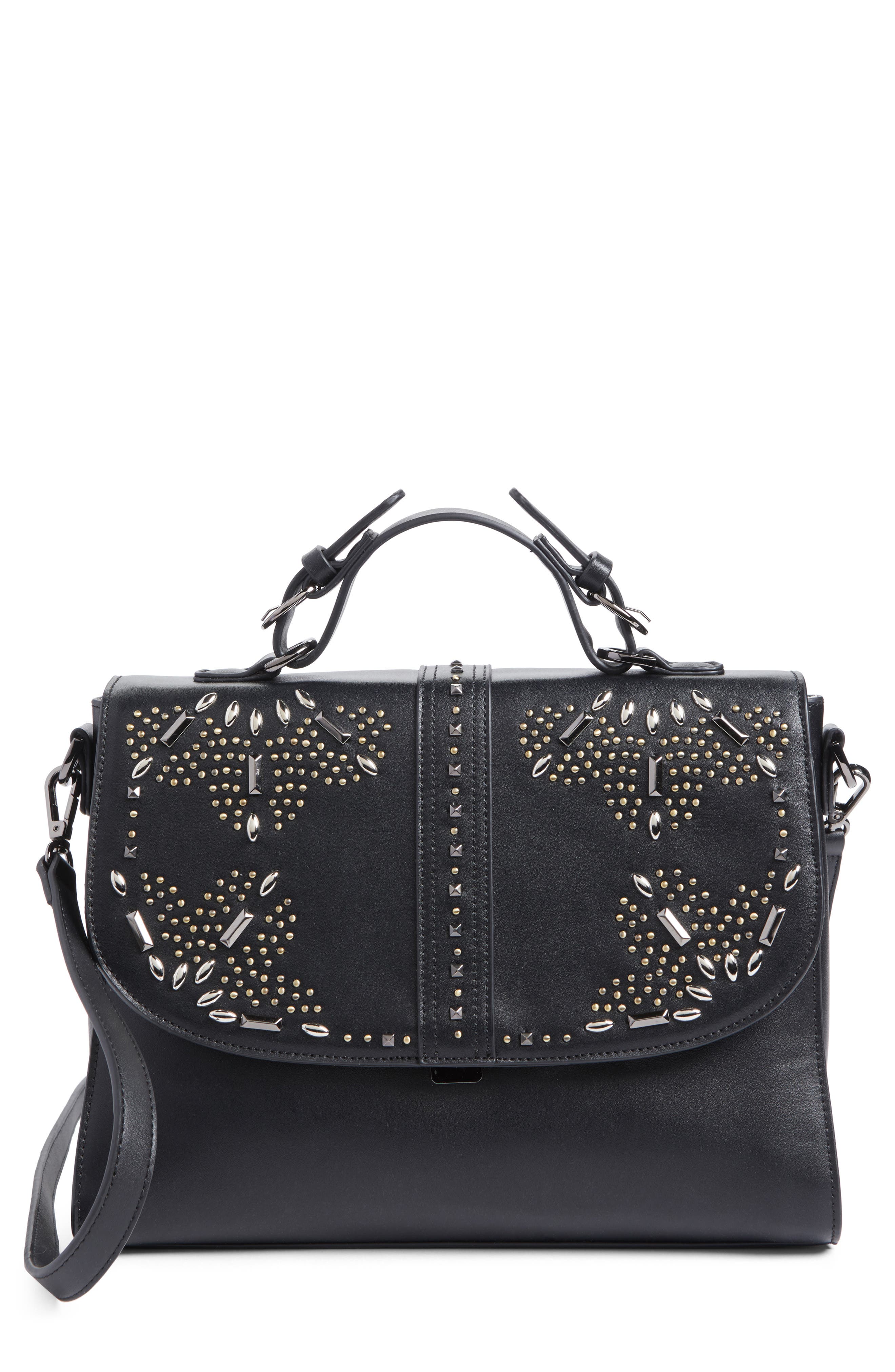 Blair Embellished Faux Leather Top Handle Satchel, Main, color, BLACK