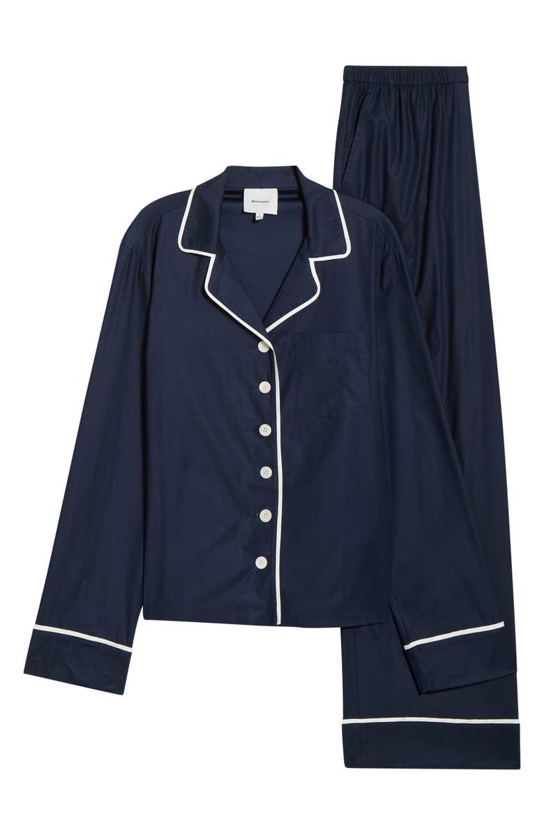 Reformation Coco Piped Stretch Cotton Pajamas, Main, color, Midnight