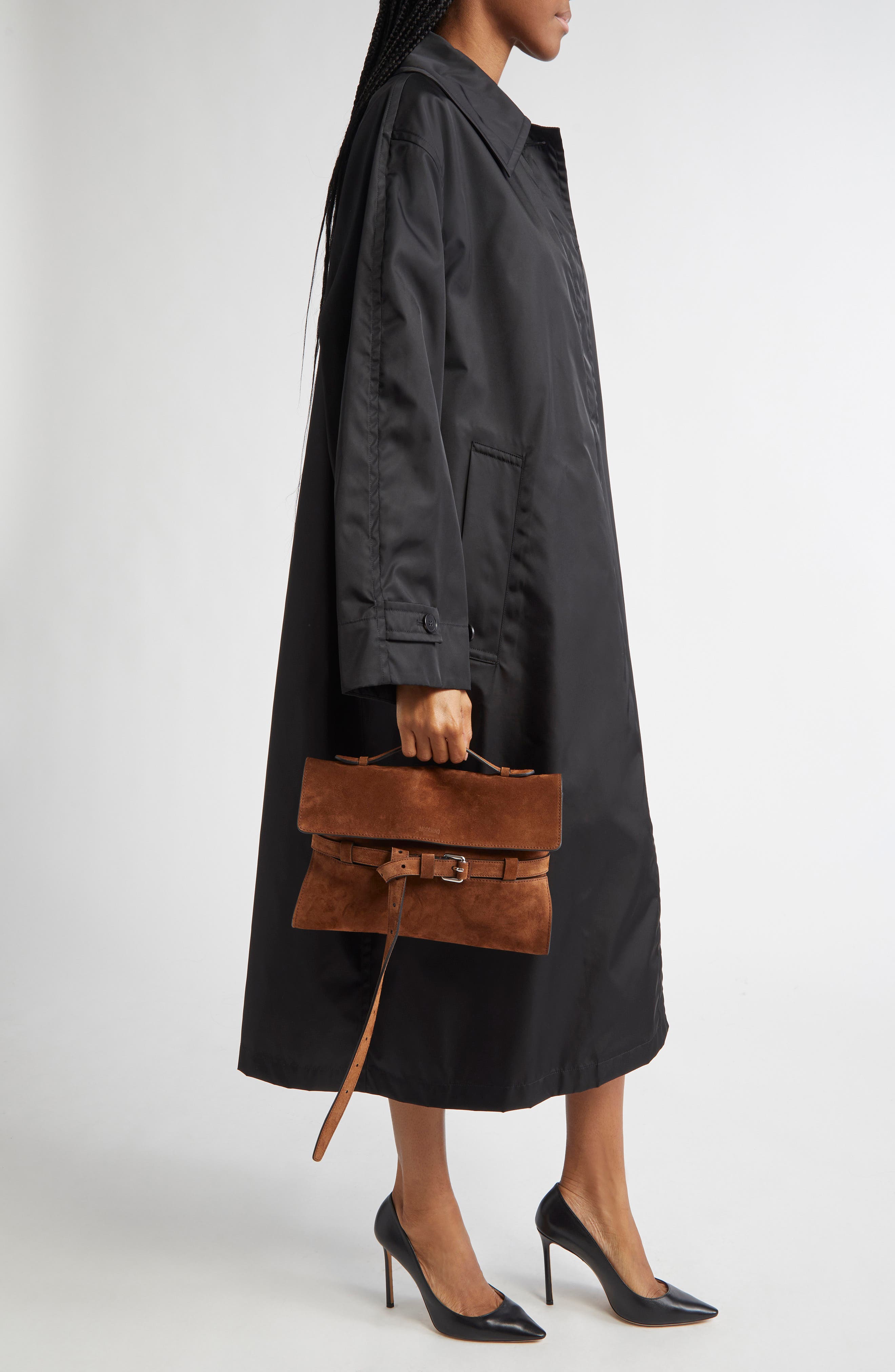 Moschino Tie Me Suede Clutch, Alternate, color, Brown