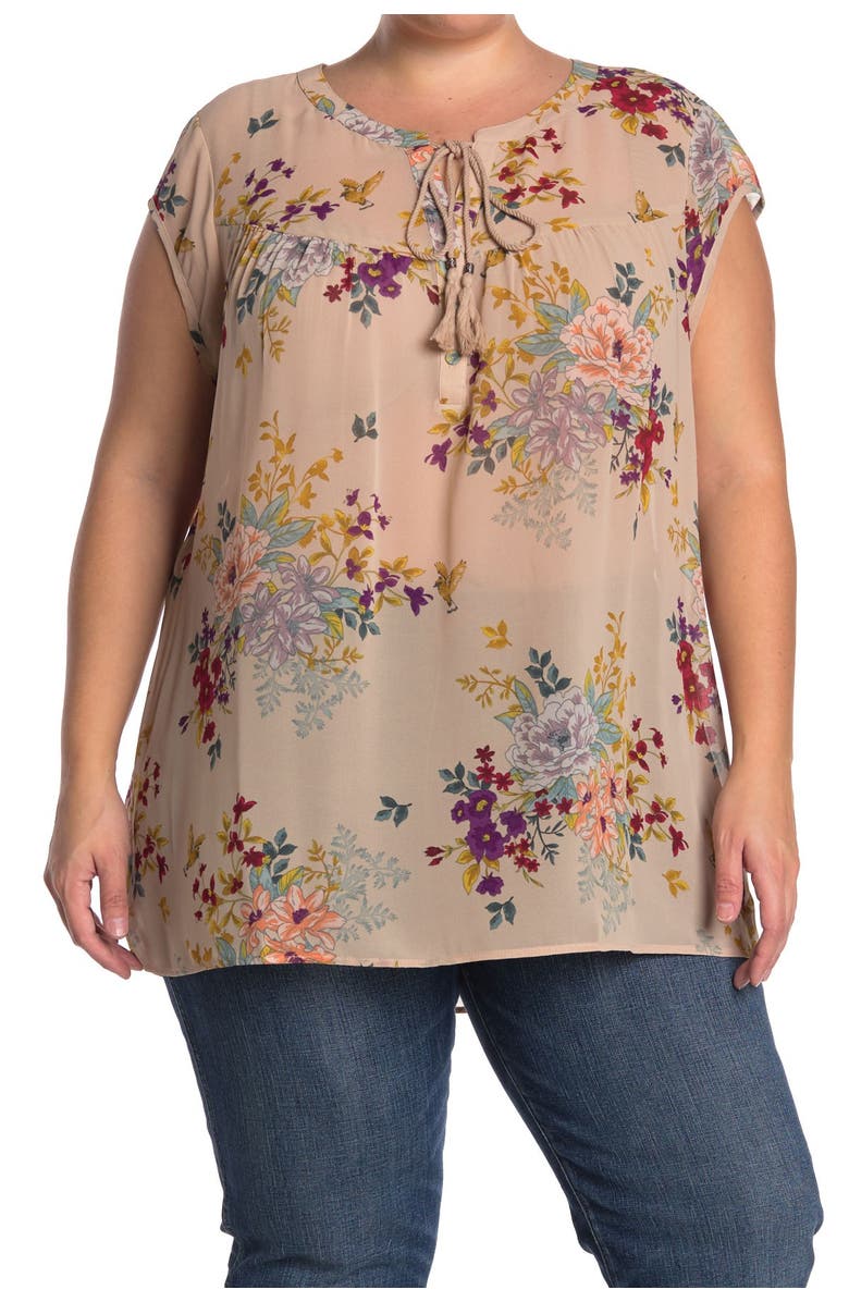 DR2 by Daniel Rainn Printed Tassel Tie Neck Blouse, Main, color, 