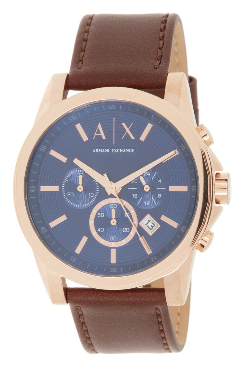 Men's Analog Leather Strap, 45mm, Main, color, ROSE GOLD