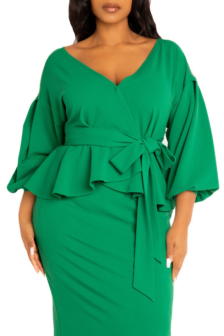 Convertible Shoulder Belted Peplum Midi Dress, Alternate, color, GREEN