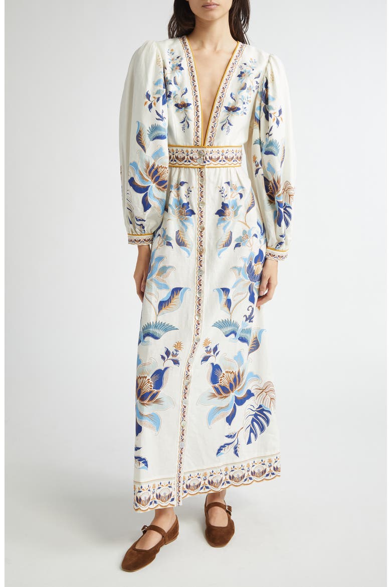 Mystic Blue Lotus Placed Print Long Sleeve Linen Blend Maxi Dress, Main, color, WHITE AND BLUE