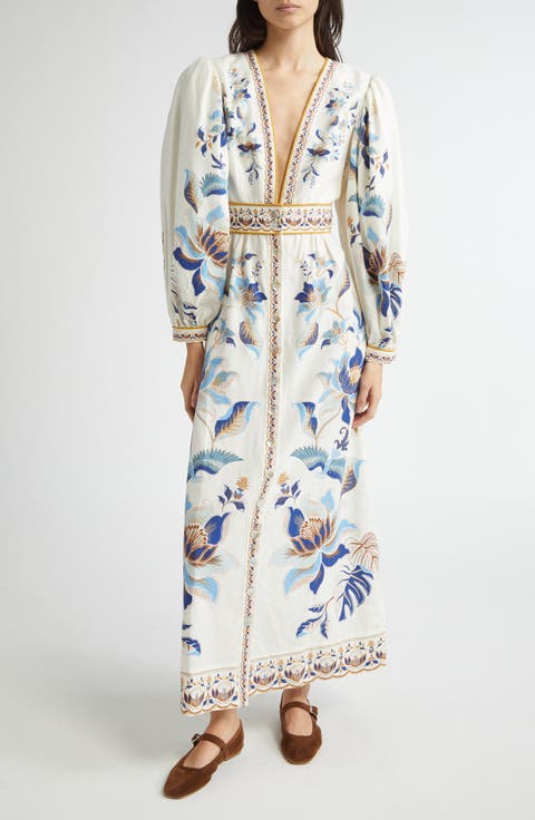Mystic Blue Lotus Placed Print Long Sleeve Linen Blend Maxi Dress