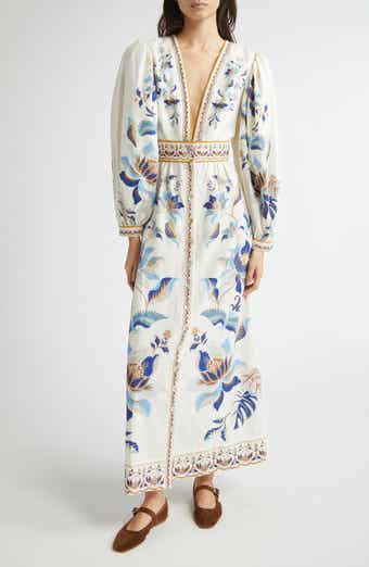 FARM Rio Mystic Blue Lotus Placed Print Long Sleeve Linen Blend Maxi Dress