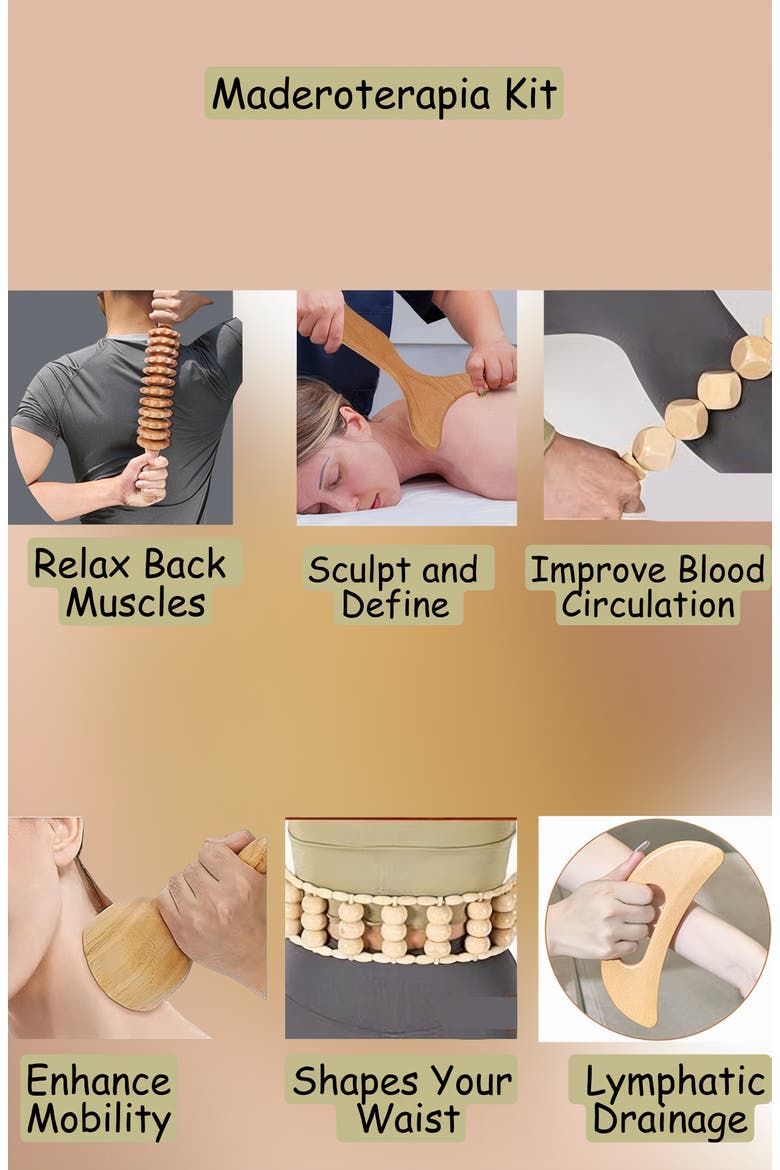 6-Piece Wooden Massage Tool Kit - Natural Wood Therapy Set for Body Sculpting & Relaxation, Alternate, color, Wood