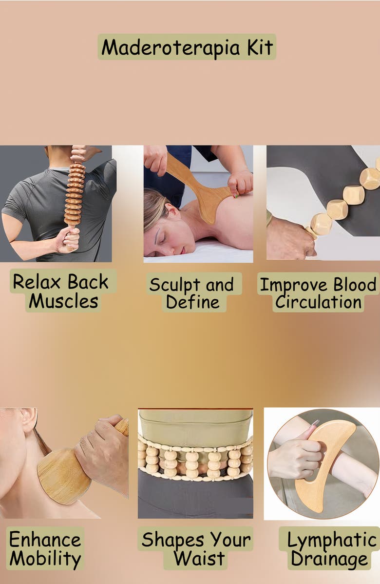 Lovery 6-Piece Wooden Massage Tool Kit - Natural Wood Therapy Set for Body Sculpting & Relaxation, Alternate, color, Wood