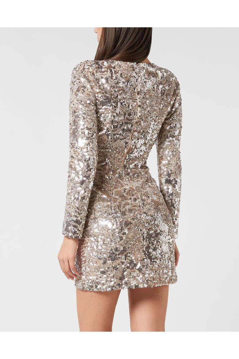 Embroidered Long-Sleeved Mini Dress Crystal Skull Women, Alternate, color, beige