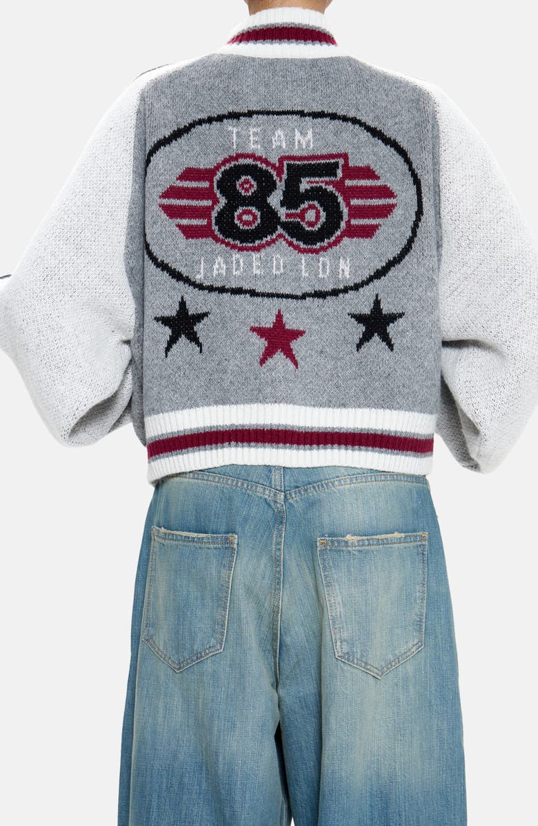 JADED LONDON 85 Jacquard Graphic Bomber Cardigan, Alternate, color, Grey