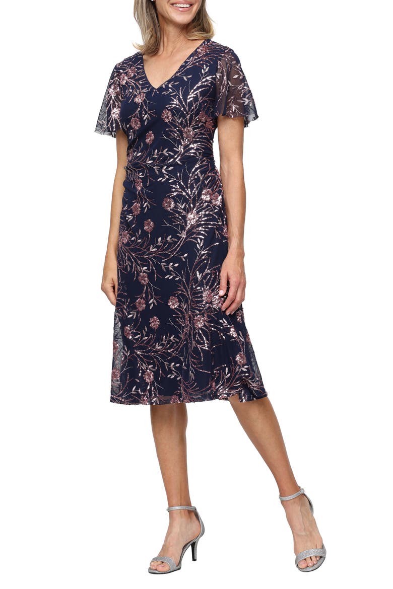 Stretch Sequin Midi Cocktail Dress, Main, color, NAVY BLUSH