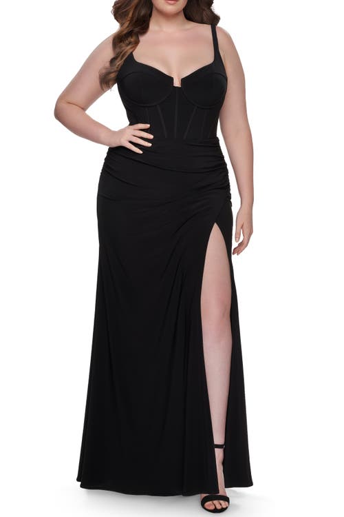 La Femme Jersey Long Plus Size Dress With Bustier Top And Tie Back