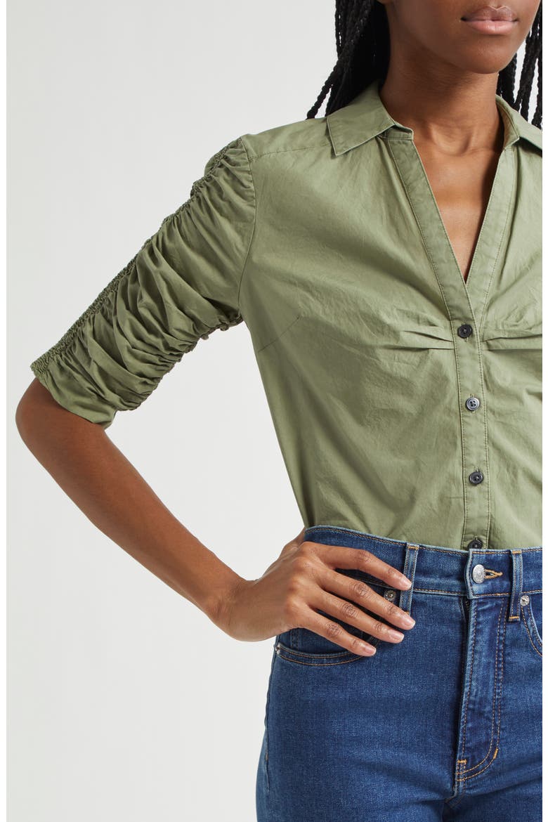 Porta Ruched Cotton Button-Up Shirt, Alternate, color, STONE ARMY