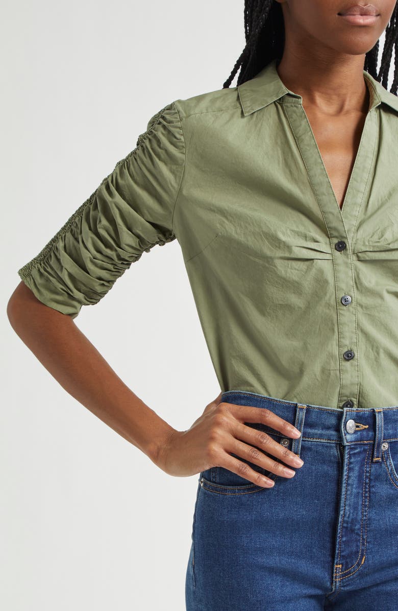 Veronica Beard Porta Ruched Cotton Button-Up Shirt, Alternate, color, 