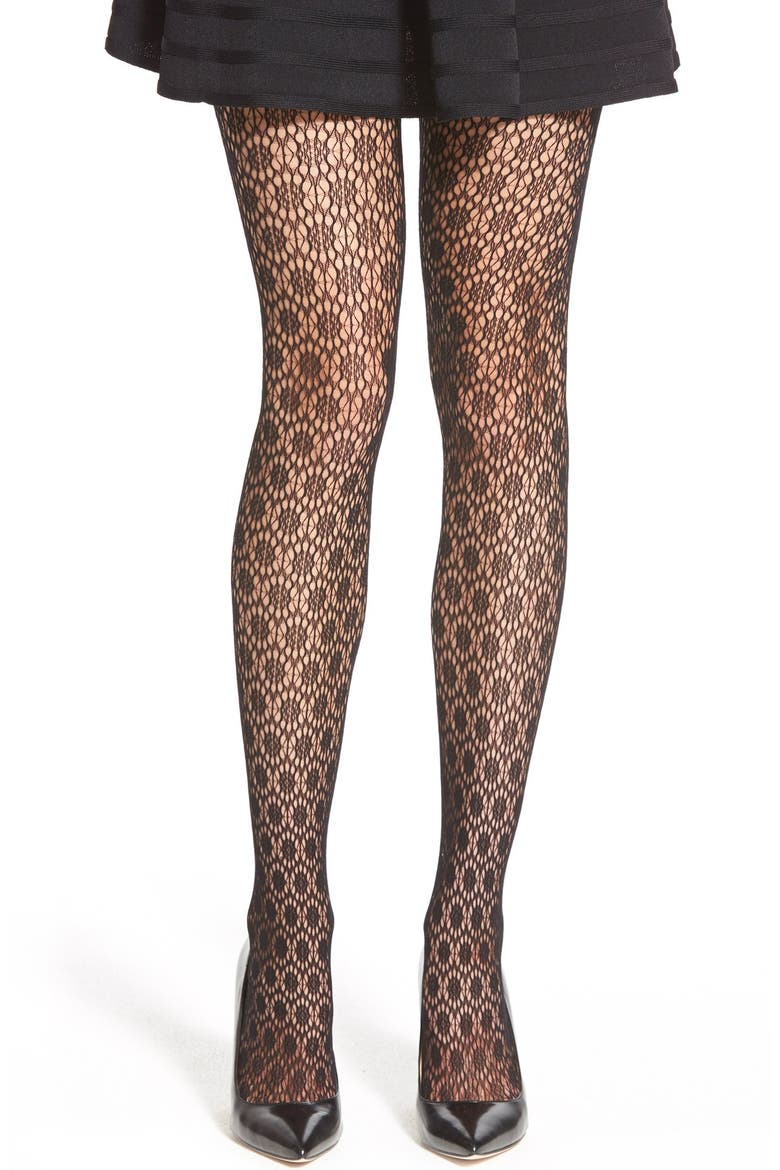 'Hex Floral' Lace Tights, Main, color, BLACK
