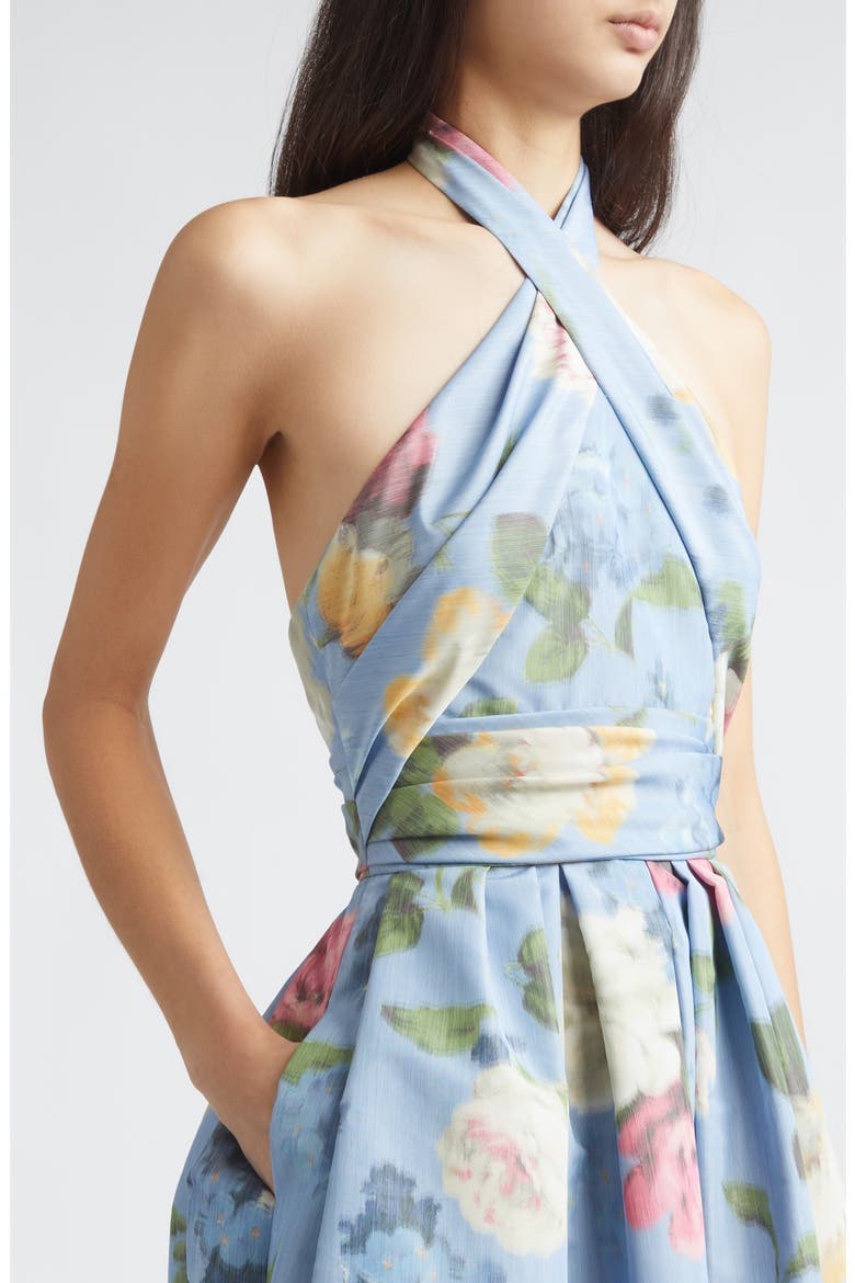 Chiné Floral Print Taffeta Halter Midi Dress, Alternate, color, CLOUDY BLUE MULTI