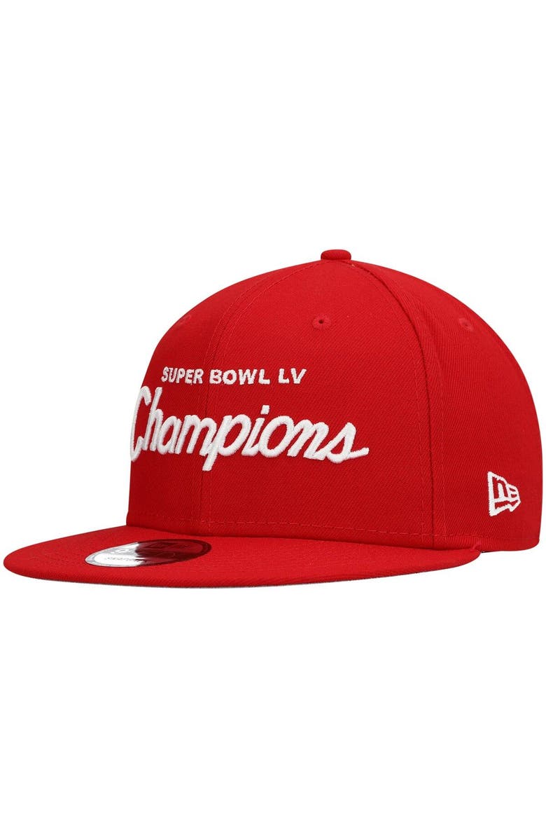 New Era Men's New Era Red Tampa Bay Buccaneers Super Bowl LV Champions Retro Script 9FIFTY Snapback Hat, Main, color, 