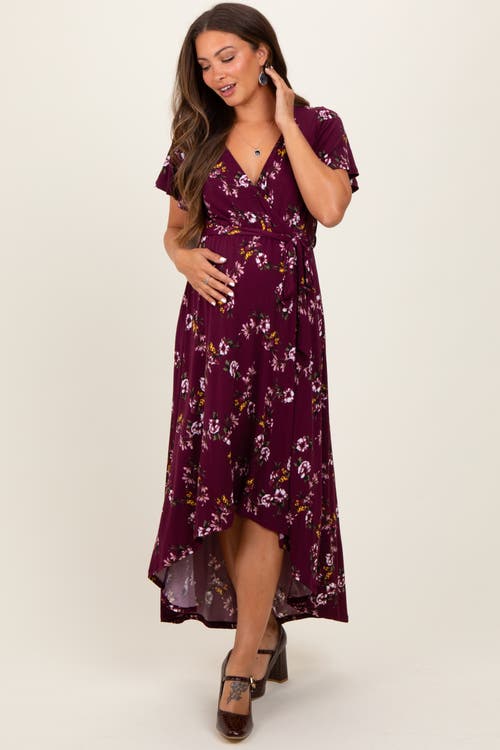 Pinkblush Floral Short Sleeve Wrap Hi-low Maxi Dress In Brown