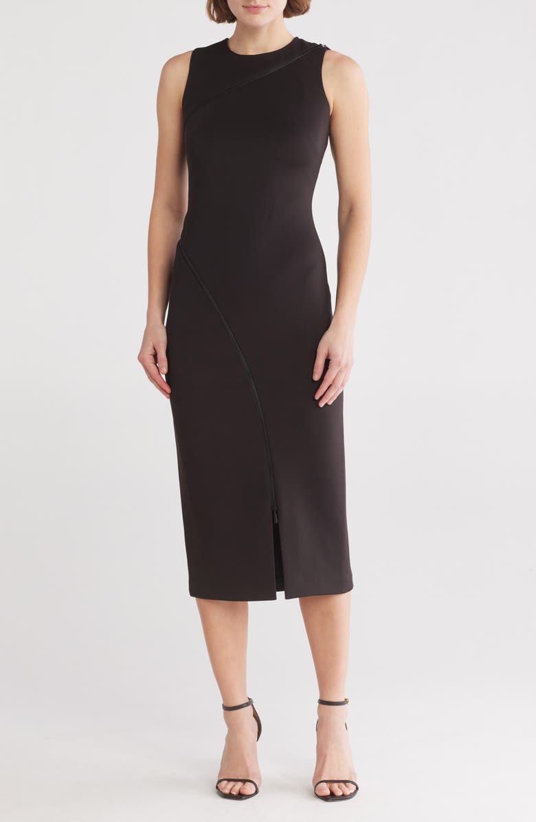 Calvin Klein Zipper Trim Sleeveless Midi Sheath Dress, Main, color,