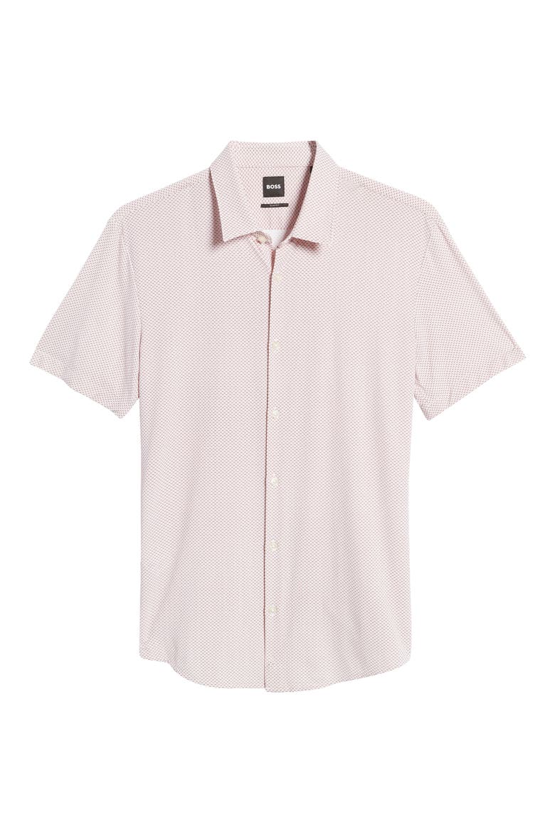 Ronn Slim Fit Geo Print Short Sleeve Button-Up Shirt, Alternate, color, DARK RED