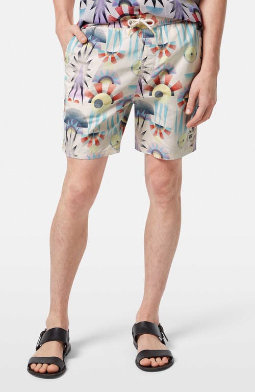 Scotch & Soda Print Mid Length Swim Trunks In Luna Pier White
