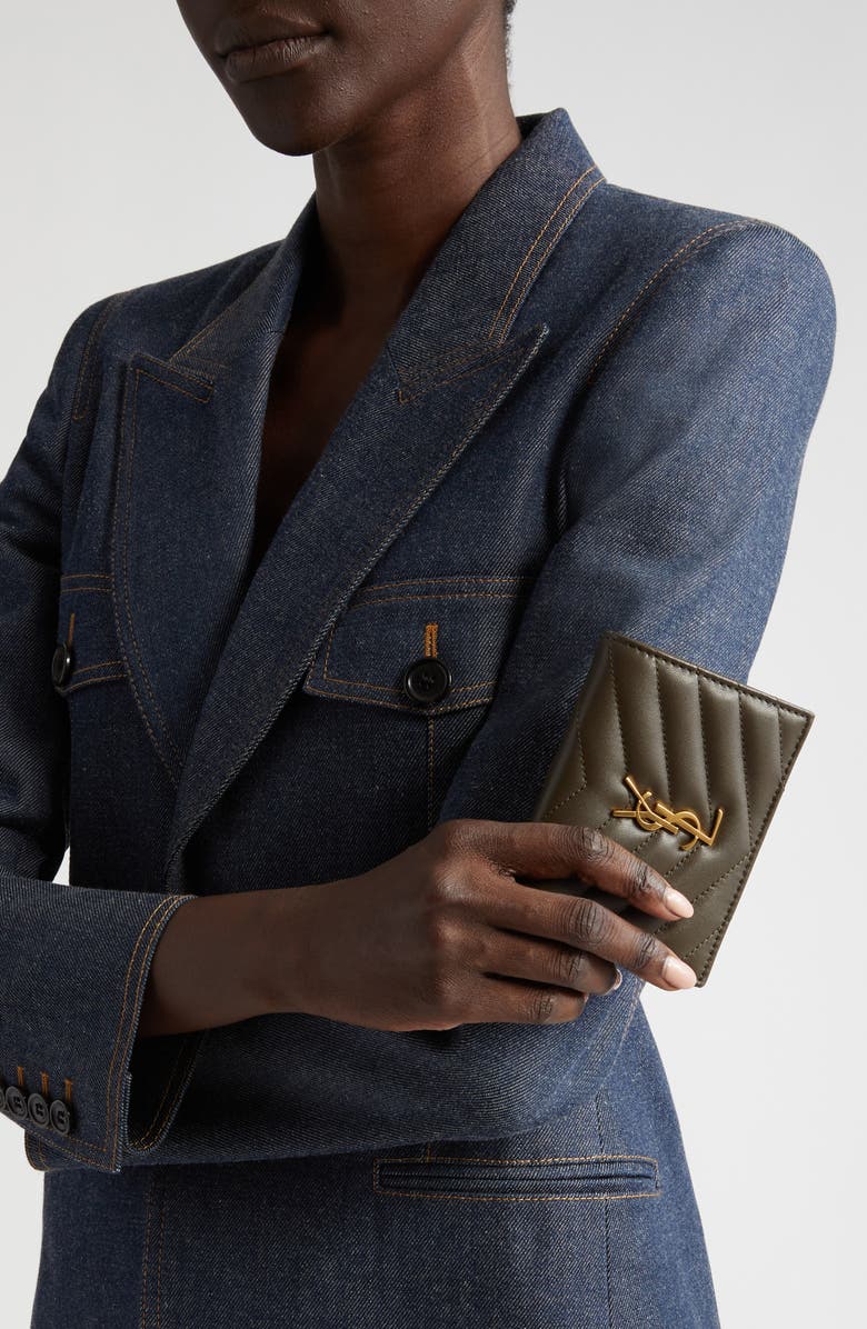 Saint Laurent Matelassé Leather Card Case, Alternate, color, Light Musk