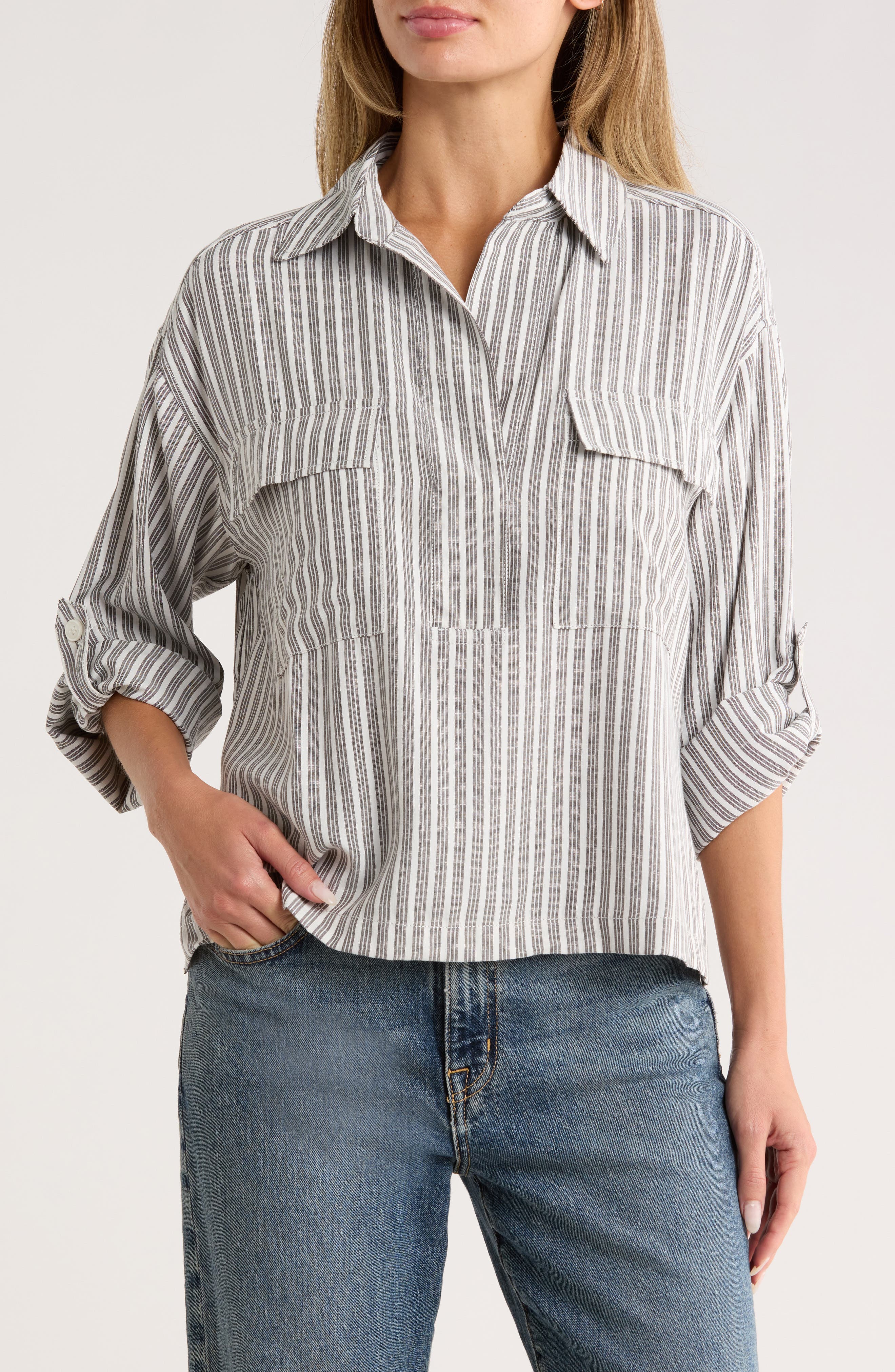 MAX STUDIO Grid Print Roll Sleeve Popover Shirt