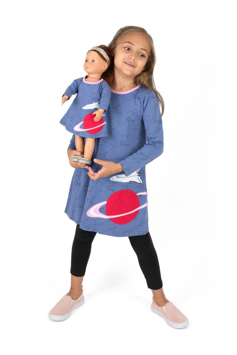 Girls Cotton Dress with Matching Doll Dress, Printed Design, Alternate, color, PLANET