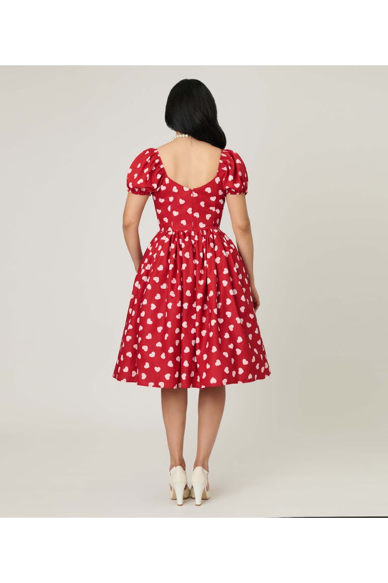 Puff Sleeve Sweetheart Fit & Flare Dress, Alternate, color, Red W/ White Heart Print
