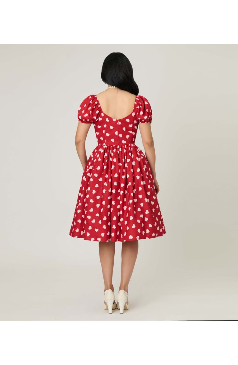 Unique Vintage Puff Sleeve Sweetheart Fit & Flare Dress, Alternate, color, Red W/ White Heart Print