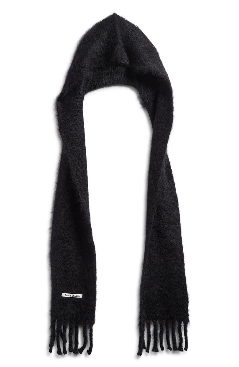 Acne Studios Mohair & Wool Blend Hooded Fringe Scarf, Main, color, Black