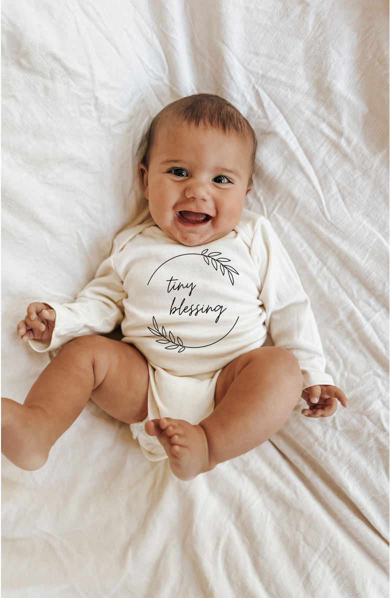 Tenth & Pine Tiny Blessing - Organic Long Sleeve Baby Bodysuit, Alternate, color, Natural Black Lettering