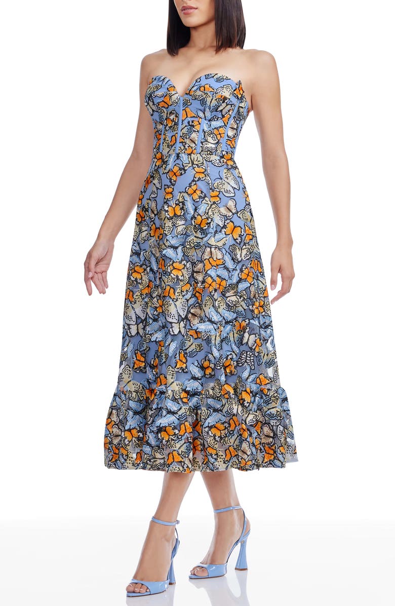 Dress the Population Carina Butterfly Appliqué Strapless Cocktail Midi Dress, Alternate, color, Sky Blue Multi