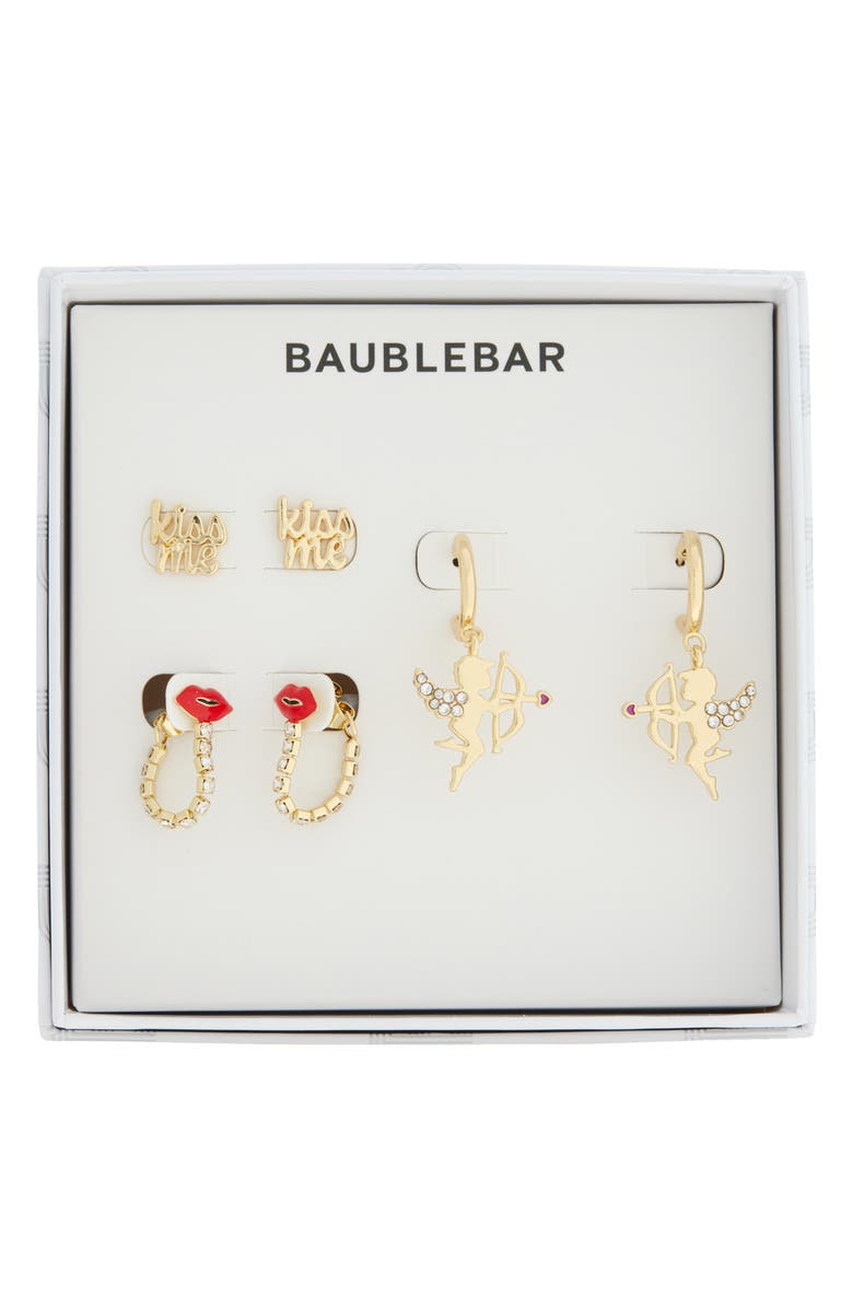 BaubleBar Kiss Me Set of 3 Earrings, Main, color, Red/ Gold