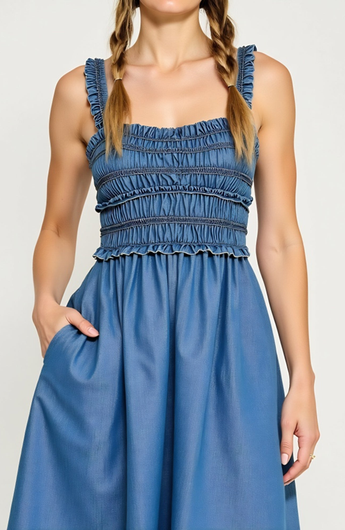Modenaire Smocked Midi Dress With Ruffled Straps And Gathered Skirt In Blue