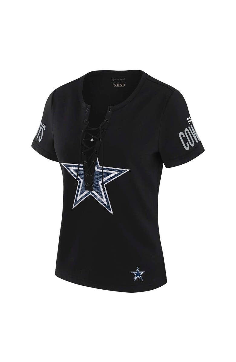 WEAR by Erin Andrews Women's WEAR by Erin Andrews x Gracie Hunt Black Dallas Cowboys Draft Me Lace-Up T-Shirt, Alternate, color, Black