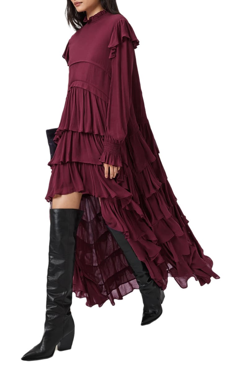 AllSaints Cavarly Ruffle Long Sleeve Maxi Dress, Alternate, color, Tawny Port Red