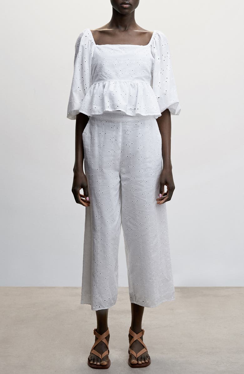 MANGO Eyelet Puff Sleeve Peplum Blouse, Alternate, color, White